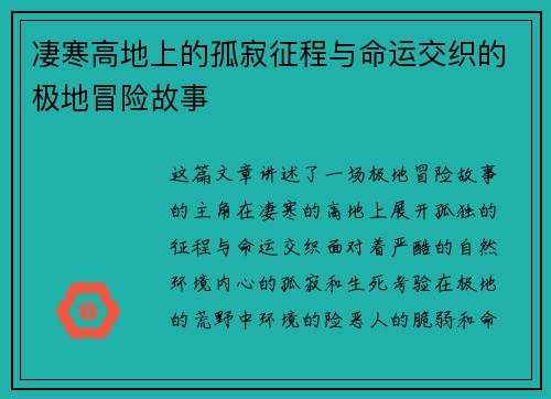 凄寒高地上的孤寂征程与命运交织的极地冒险故事